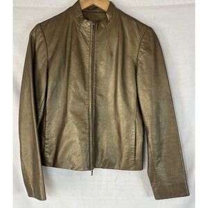 Rena Rowan Leather Jacket Womens Small Bronze Gold Long Sleeve Pockets Full Zip